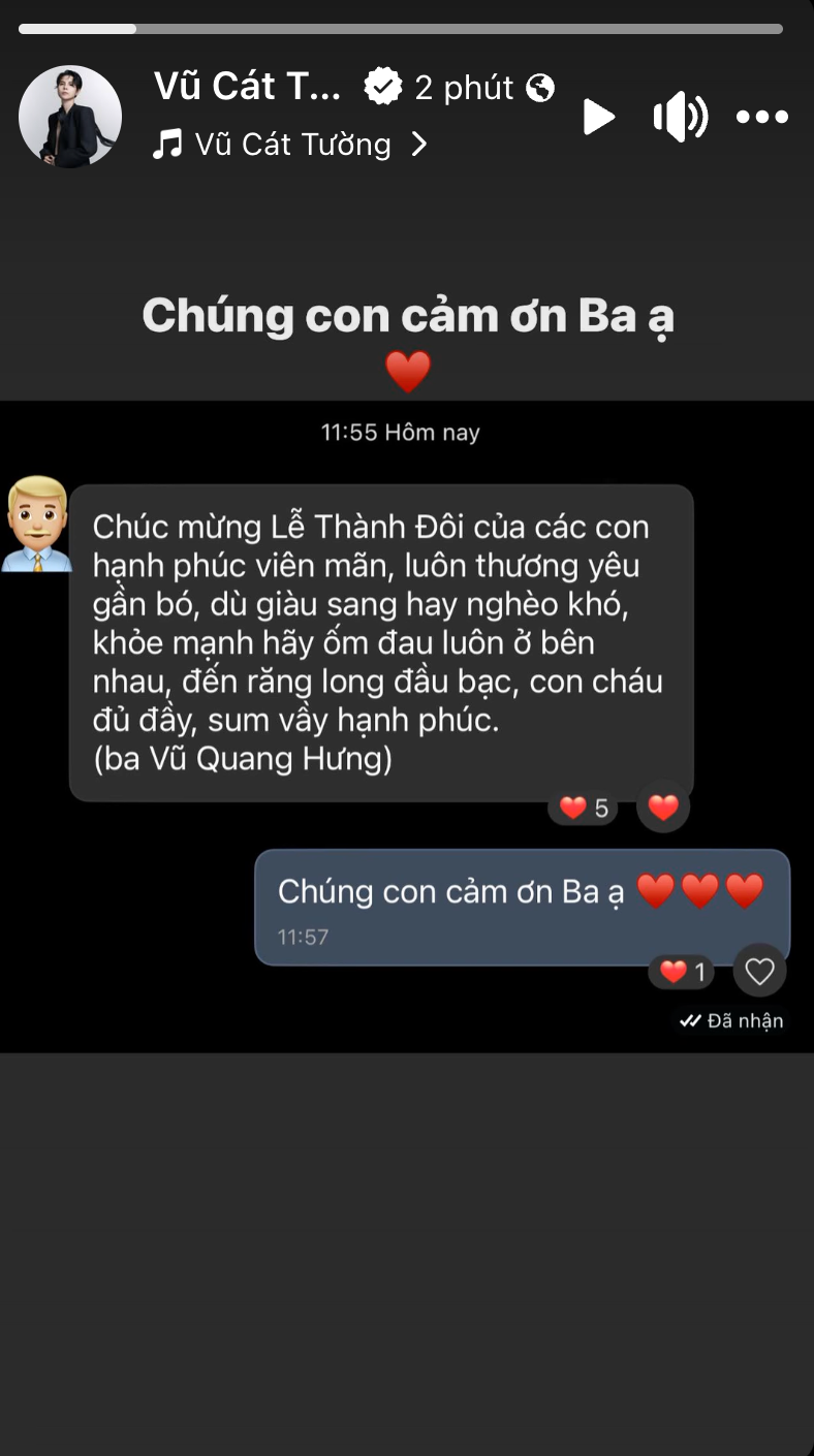 Lời nhắn nhủ xúc động của ba Vũ Cát Tường ngay trước thềm lễ thành đôi. Lời nhắn nhủ xúc động của ba Vũ Cát Tường ngay trước thềm lễ thành đôi.