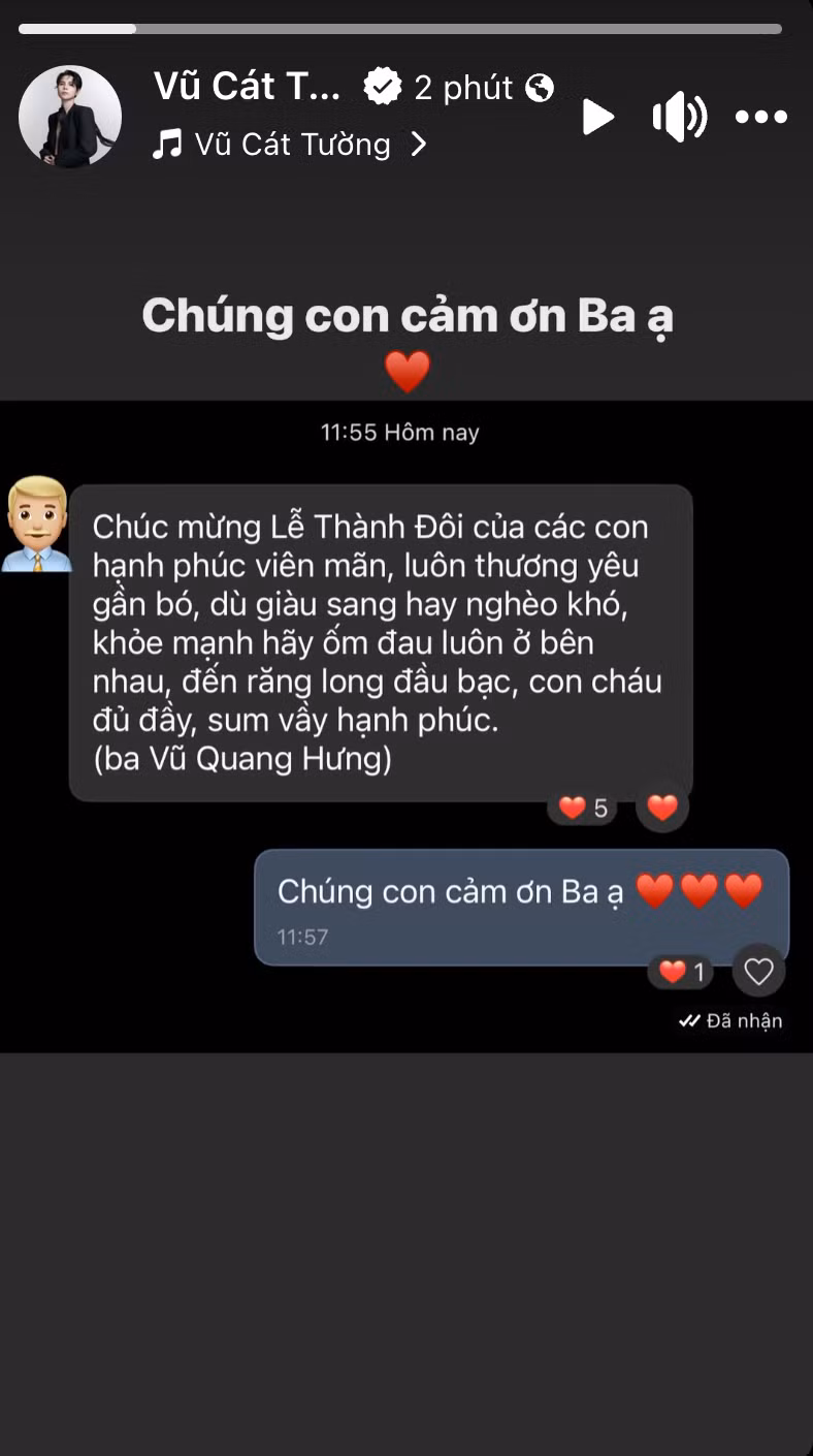 Lời nhắn nhủ xúc động của ba Vũ Cát Tường ngay trước thềm lễ thành đôi.