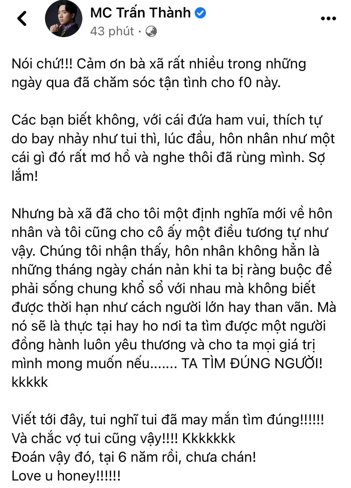 Nguyên văn chia sẻ của Trấn Thành trên trang Facebook cá nhân. Nguyên văn chia sẻ của Trấn Thành trên trang Facebook cá nhân.