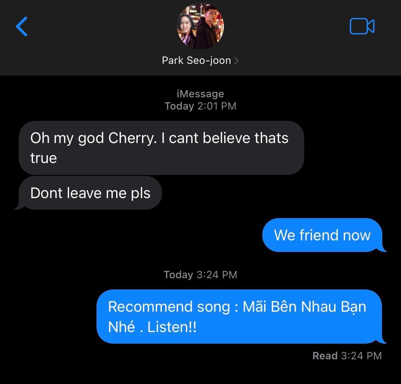 Diệu Nhi "tấu hài" với đoạn tin nhắn với Park Seo Joon. Nữ diễn viên gợi ý "người cũ" nghe ca khúc Mãi Bên Nhau Bạn Nhé khiến dân tình cười nghiêng ngả. Diệu Nhi "tấu hài" với đoạn tin nhắn với Park Seo Joon. Nữ diễn viên gợi ý "người cũ" nghe ca khúc Mãi Bên Nhau Bạn Nhé khiến dân tình cười nghiêng ngả.