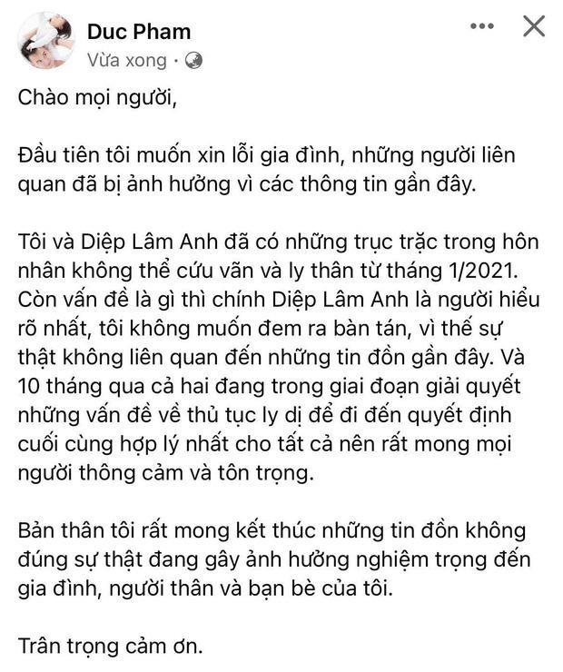 Ngày 31/10, chồng Diệp Lâm Anh lên tiếng cả hai đã ly thân từ tháng 1/2021.