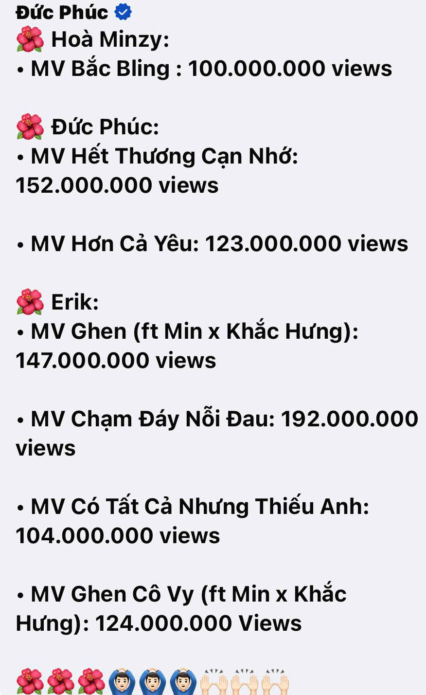 Thành tích "trộm vía" của ba chị em Gia đình Hoa Dâm Bụt. Ảnh: Đức Phúc Fanpage Thành tích "trộm vía" của ba chị em Gia đình Hoa Dâm Bụt. Ảnh: Đức Phúc Fanpage