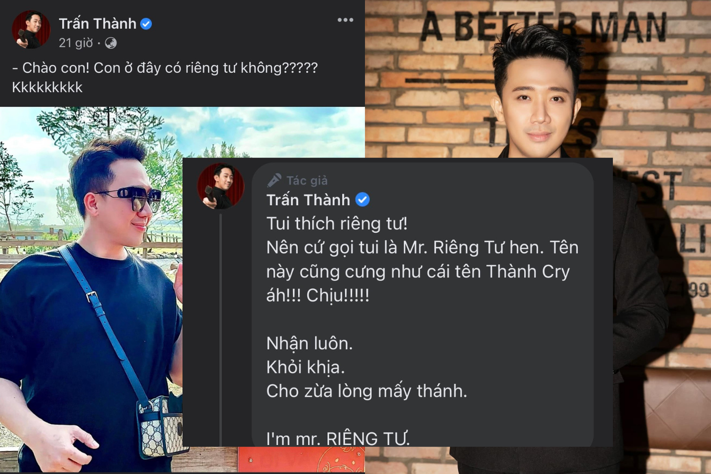 Trấn Thành tự gọi mình là "Mr. Riêng Tư". Trấn Thành tự gọi mình là "Mr. Riêng Tư".