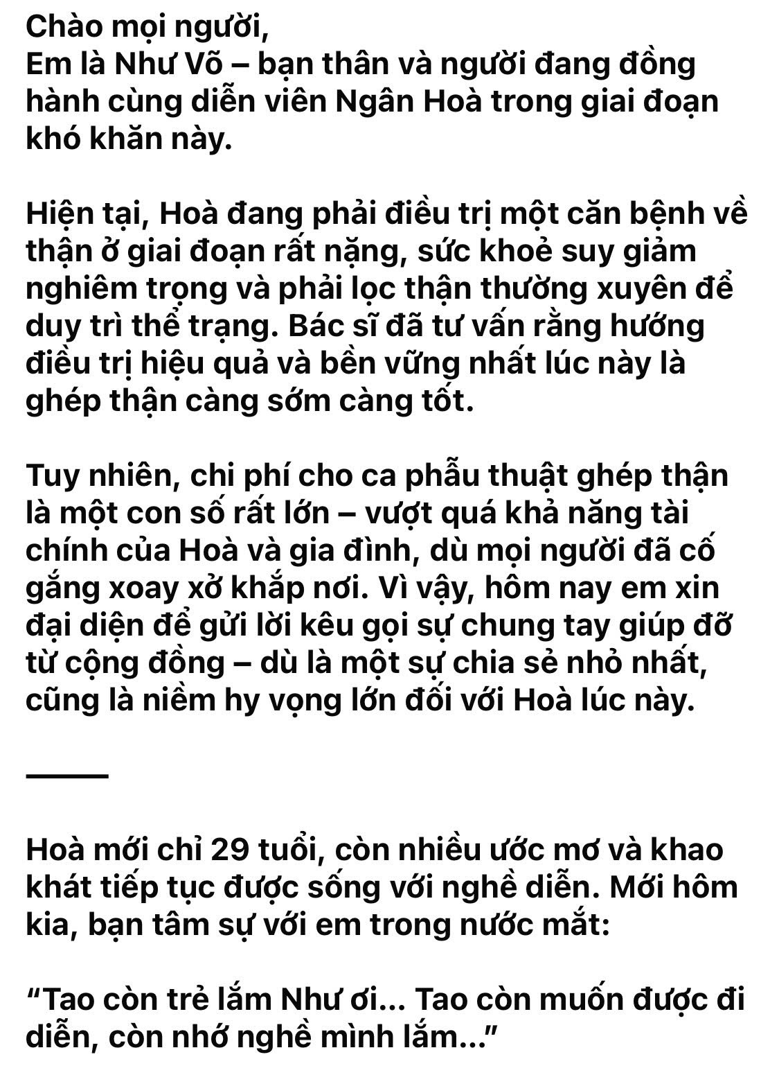 Chia sẻ của Như Võ - bạn thân Ngân Hòa - trên mạng xã hội.