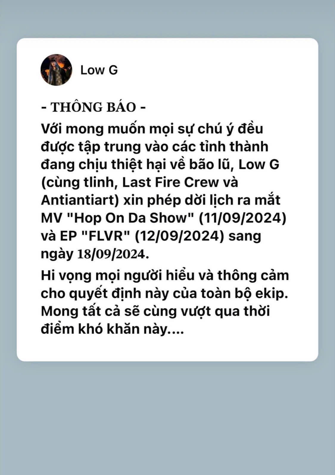Low G, tlinh và Tùng Dương thông báo hoãn ra mắt sản phẩm mới do siêu bão Yagi.