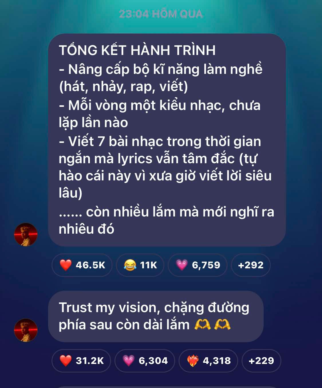 Sau khi tổng kết các &quot;gạch đầu dòng&quot; đã làm được tại Anh Trai &quot;Say Hi&quot;, thành viên GERDNANG gửi gắm: &quot;Trust my vision, chặng đường phía sau còn dài lắm&quot;.