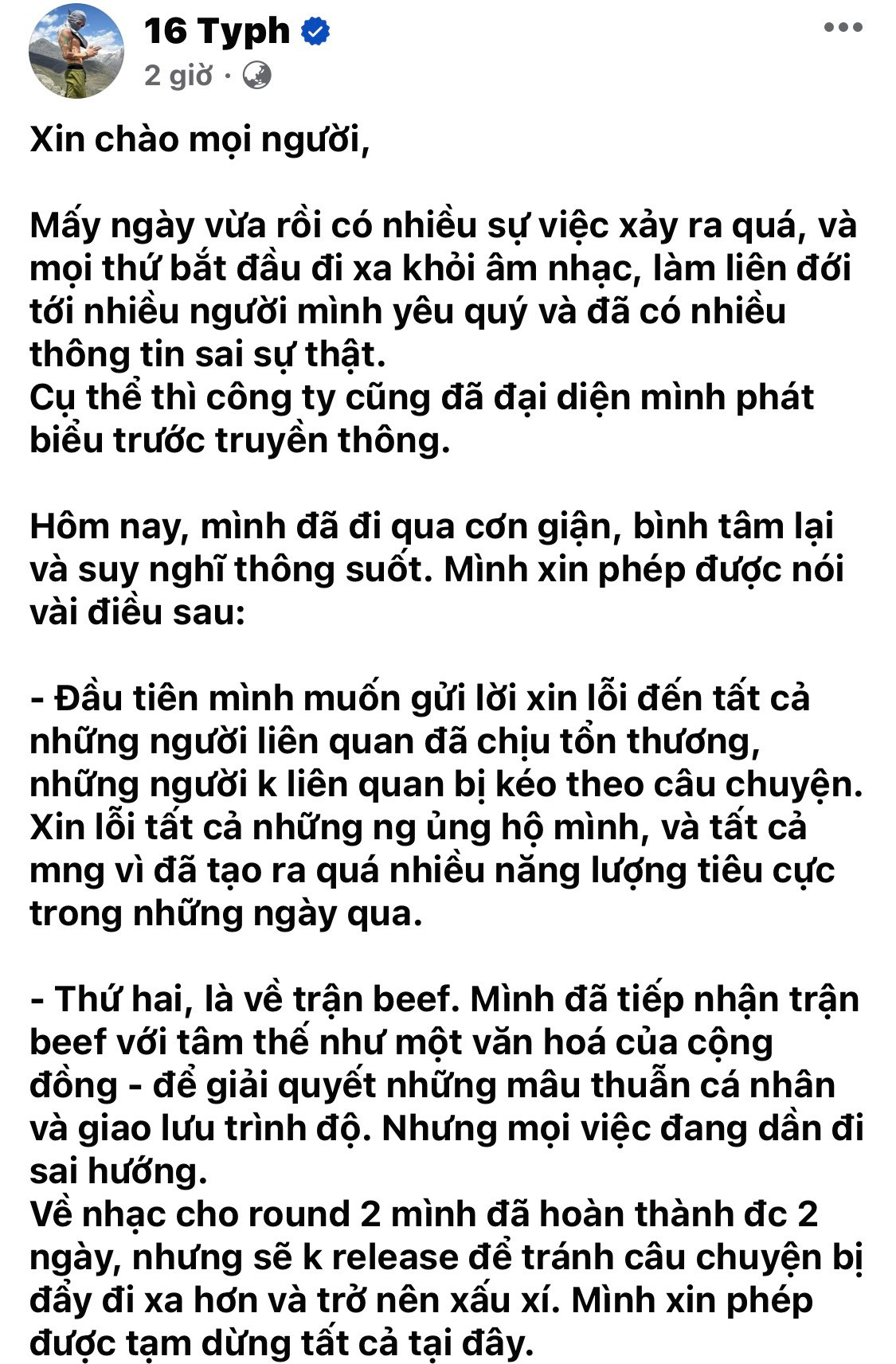 Chia sẻ của 16 Typh trên fanpage sau khi bị nhiều người chỉ trích.