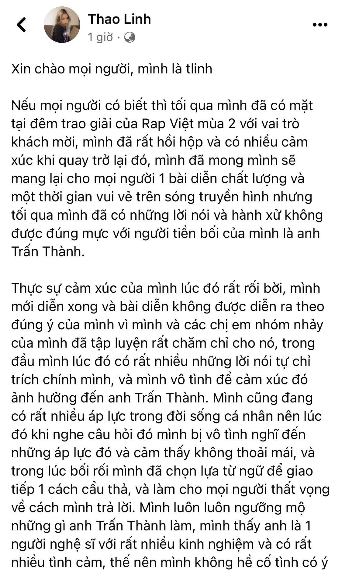 Sau màn đối đáp gây tranh cãi, tlinh đã có bài đăng dài trên trang cá nhân để xin lỗi MC Trấn Thành. Ảnh: FBNV Sau màn đối đáp gây tranh cãi, tlinh đã có bài đăng dài trên trang cá nhân để xin lỗi MC Trấn Thành. Ảnh: FBNV