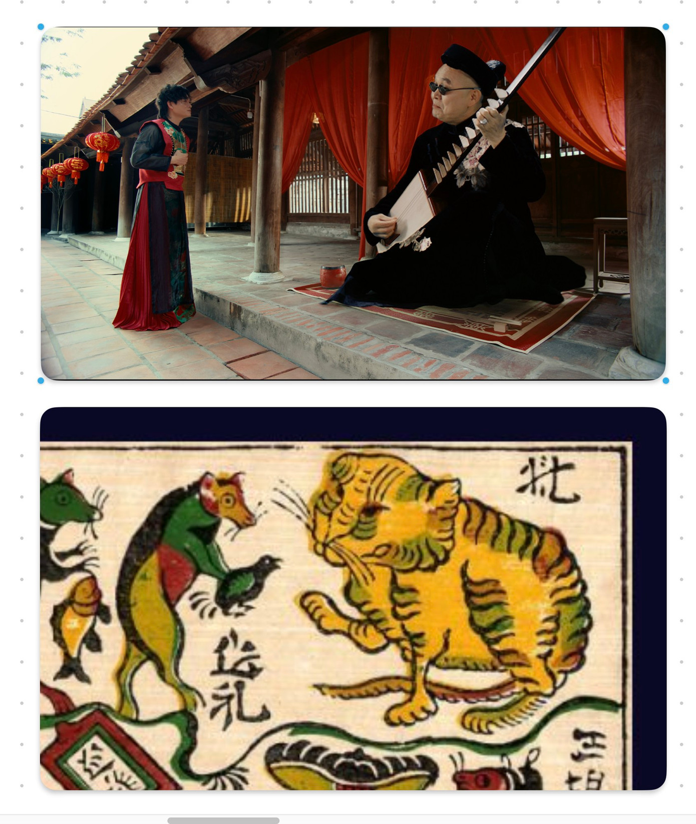 Câu chuyện của tranh dân gian Đông Hồ cũng được khéo léo lồng ghép qua khuôn hình của nghệ sĩ Xuân Hinh và Tuấn Cry. Nguồn ảnh: Nhu Đặng. Câu chuyện của tranh dân gian Đông Hồ cũng được khéo léo lồng ghép qua khuôn hình của nghệ sĩ Xuân Hinh và Tuấn Cry. Nguồn ảnh: Nhu Đặng.