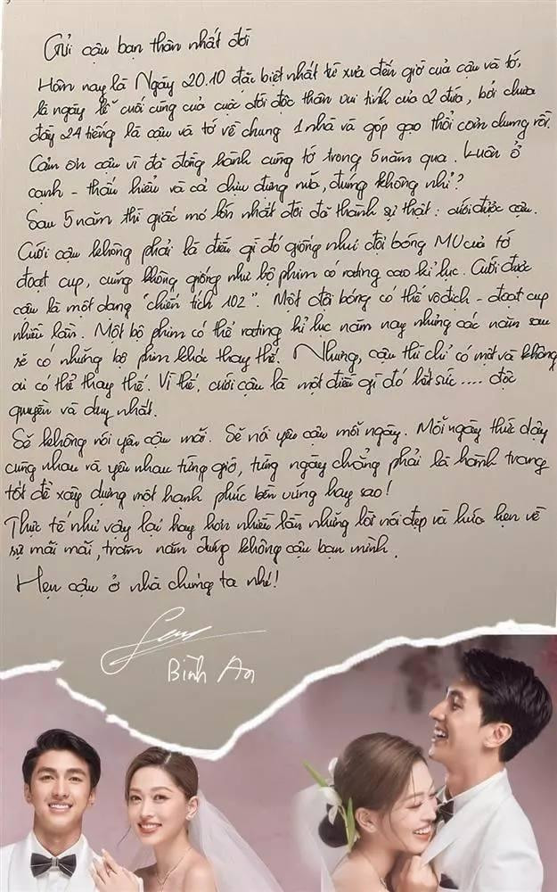 Bức thư tay "ngọt sâu răng" Bình An viết tặng cho "cô dâu tháng 10" của mình.