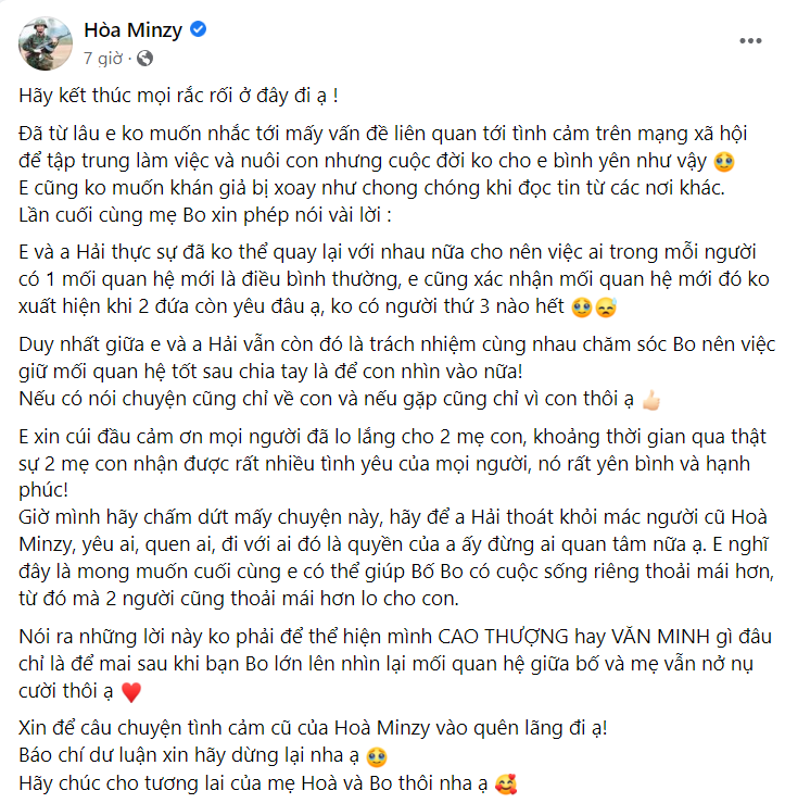 Nguyên văn chia sẻ của ca sĩ Hòa Minzy trên Facebook. Nguyên văn chia sẻ của ca sĩ Hòa Minzy trên Facebook.