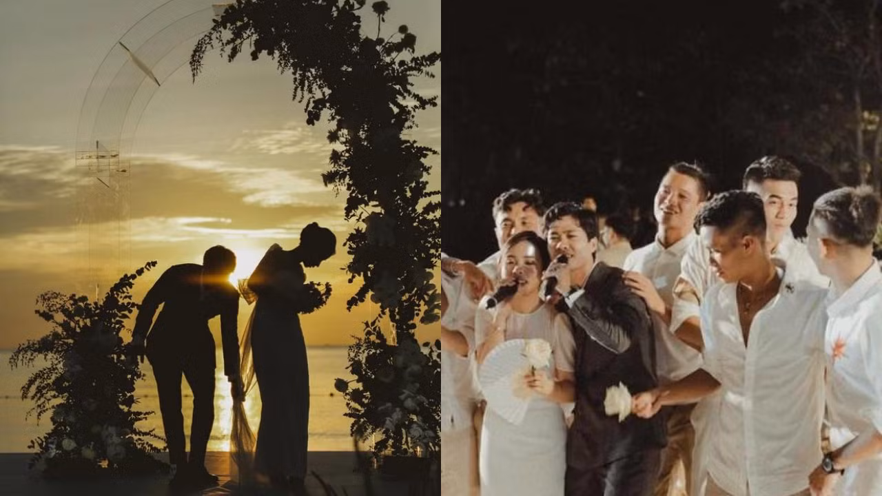Đám cưới diễn ra trong ánh hoàng hôn chiều lãng mạn cùng sự góp mặt của dàn cầu thủ tên tuổi.