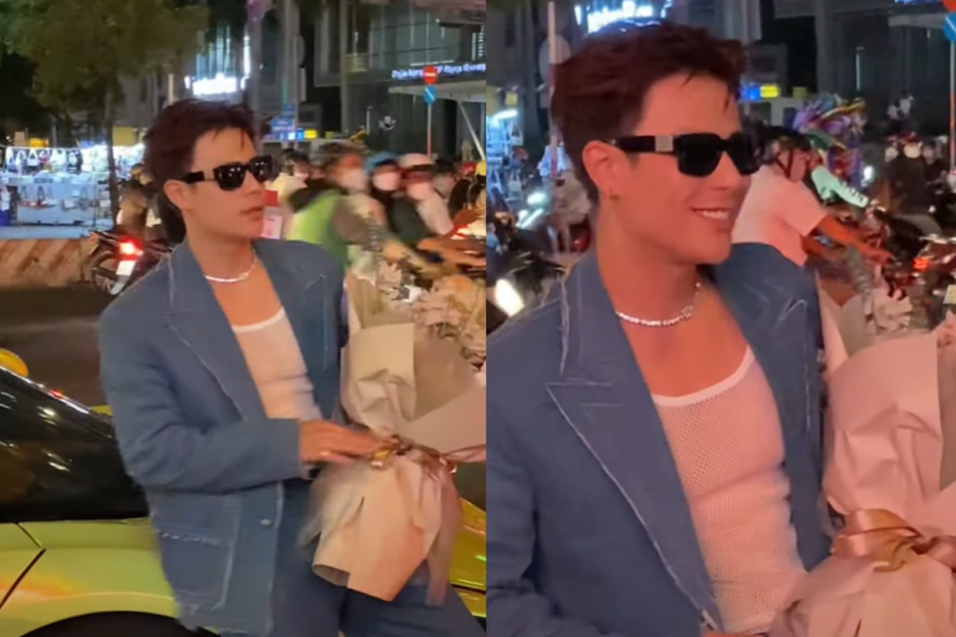 "Quý ông tia chớp" gây chú ý khi ăn diện bảnh bao, đi siêu xe và ôm hoa đến sự kiện công chiếu phim do Midu đóng nữ chính.