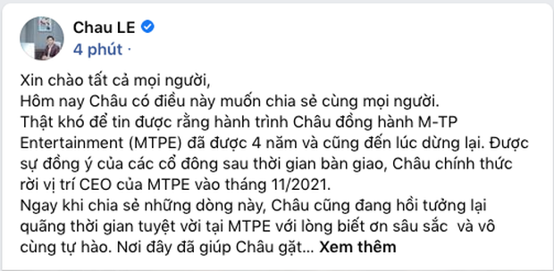 Cựu CEO của M-TP Entertainment - Lê Ngọc Châu chia sẻ về việc rời công ty. Cựu CEO của M-TP Entertainment - Lê Ngọc Châu chia sẻ về việc rời công ty.