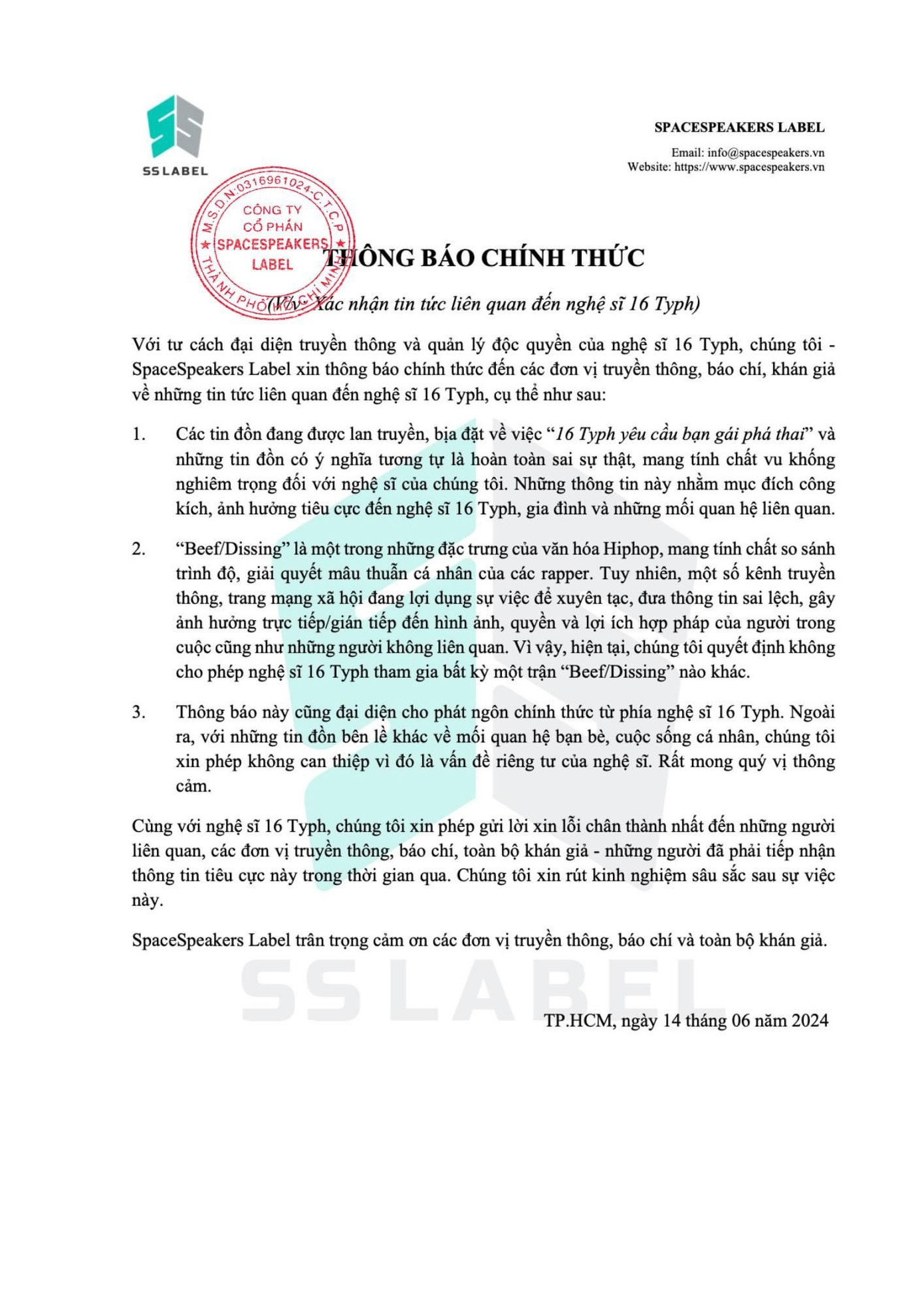 SpaceSpeakers chính thức phản hồi về loạt đồn đoán tiêu cực về 16 Typh.