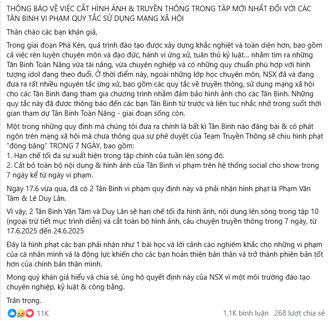 Nguyên văn chia sẻ của BTC Tân Binh Toàn Năng.