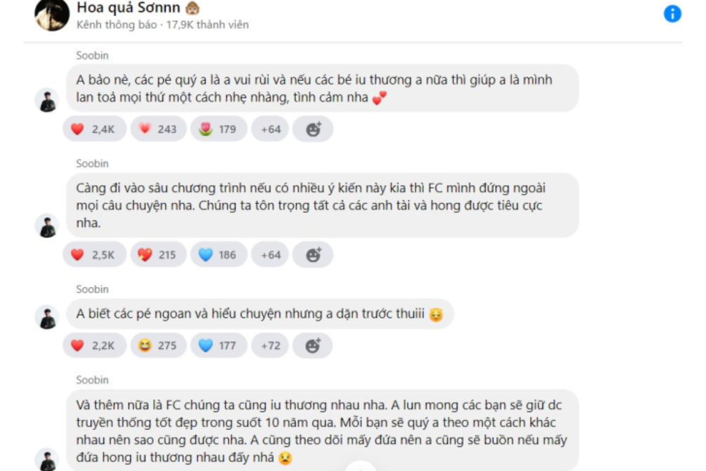 Trước đó, SOOBIN từng nhắn nhủ FC &quot;yêu thương nhau, bỏ ngoài tai những điều tiêu cực&quot;.