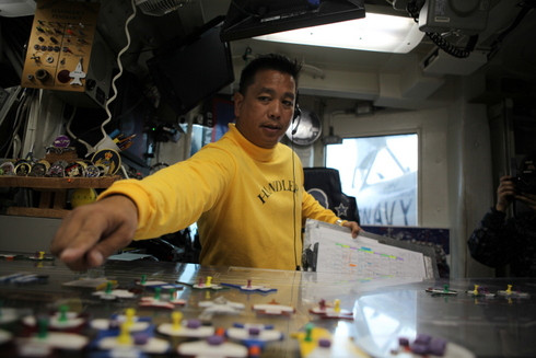 Phòng điều khiển dịch chuyển với các máy bay mô phỏng bằng mô hình và các nút quy ước nhiều màu sắc