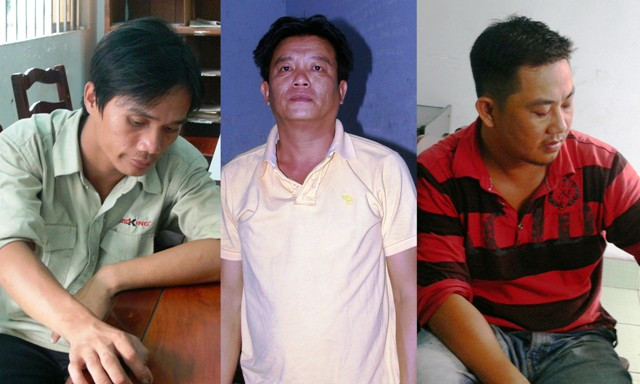 3 đối tượng bị công an bắt giữ (từ trái qua): Nguyễn Quang Thuận, Bùi Thiện Khiêm và Phan Thành Công