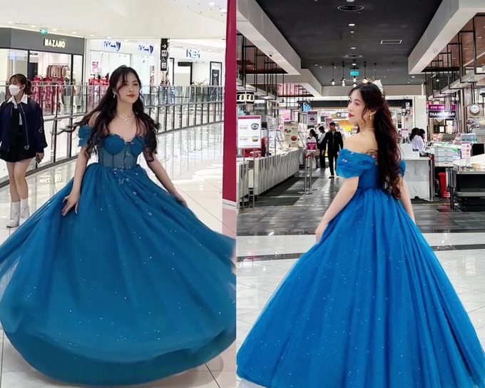 Video mặc váy công chúa đi siêu thị của cô gái này đạt triệu view trên TikTok. (Ảnh: Thu Trà).