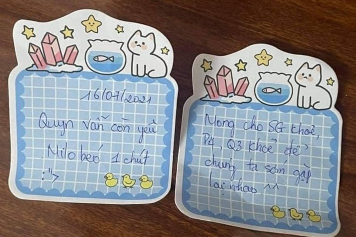 Mảnh giấy nhắn Tú Quyên gửi Minh Lộc nhân lúc ghé qua chốt trực của anh ngày 16/7/2021.