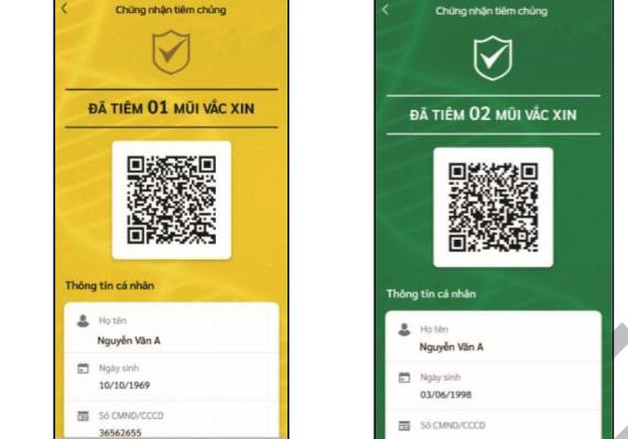 Nhận diện tiêm vắc xin, màu vàng tiêm 1 mũi, màu xanh tiêm 2 mũi