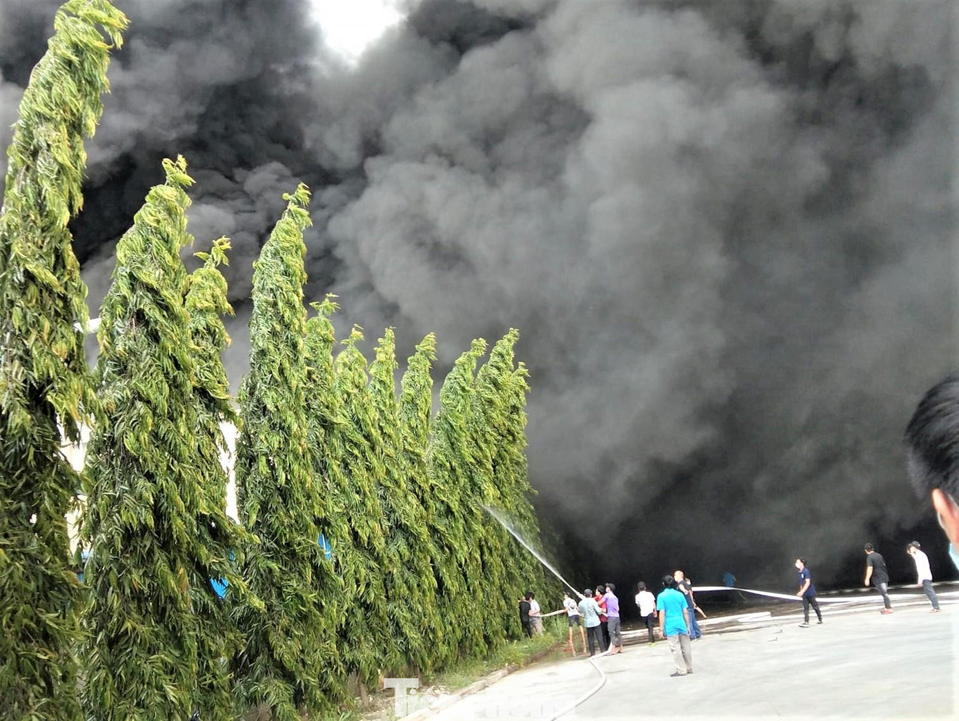 Công nhân trong công ty liên tục tưới mát quanh khu vực hiện trường vụ cháy để ngăn lửa cháy lan