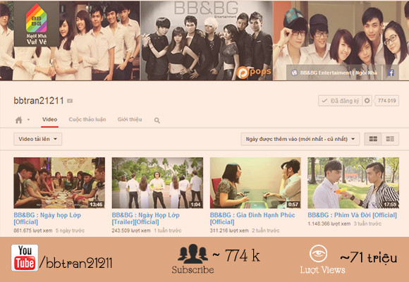 Kênh Youtube của BB Trần hiện đang đứng đầu trong top 100 kênh Youtube Việt Nam được nhiều subscribe nhất. Kênh Youtube của BB Trần hiện đang đứng đầu trong top 100 kênh Youtube Việt Nam được nhiều subscribe nhất