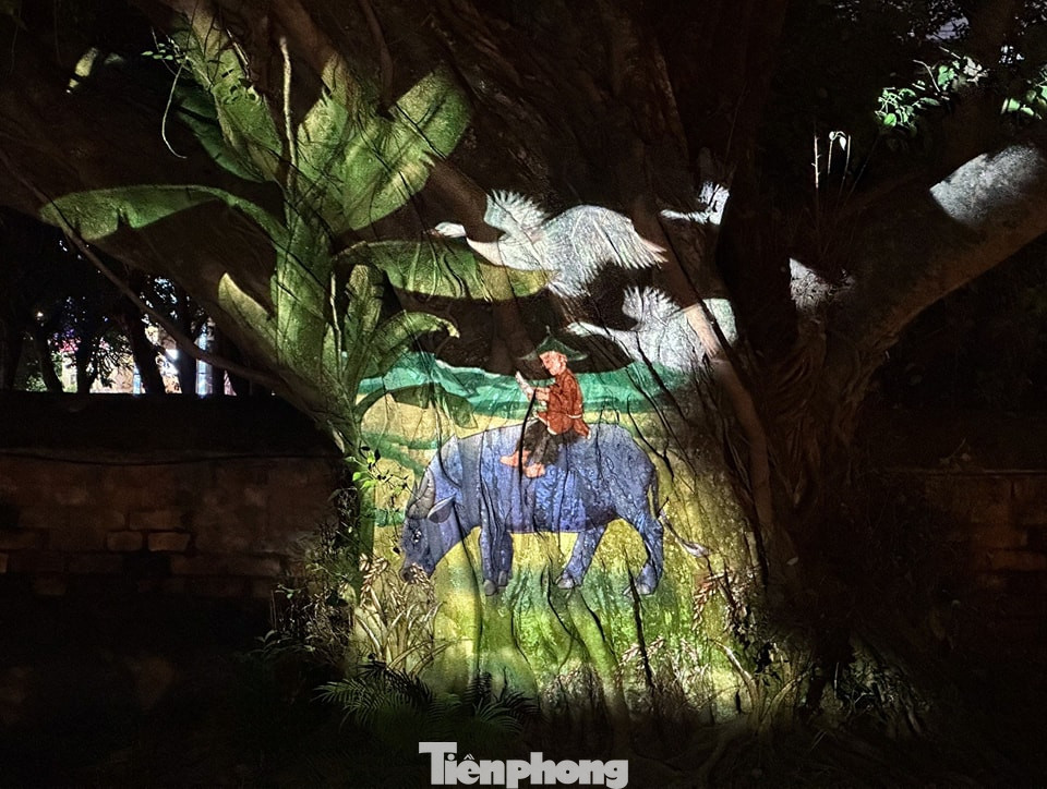 Hình ảnh thân thương như mẹ ru con, cảnh đồng quê được trình diễn bằng công nghệ chiếu mapping ngay ở gốc cây đa di sản nằm bên trái khu Nhập đạo.