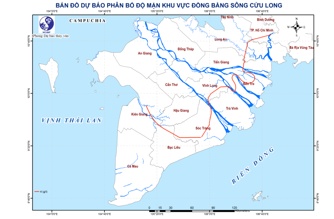 Bản đồ dự báo phân bố độ mặn cao nhất từ 11-20/2/2025 tại khu vực Đồng bằng sông Cửu Long.