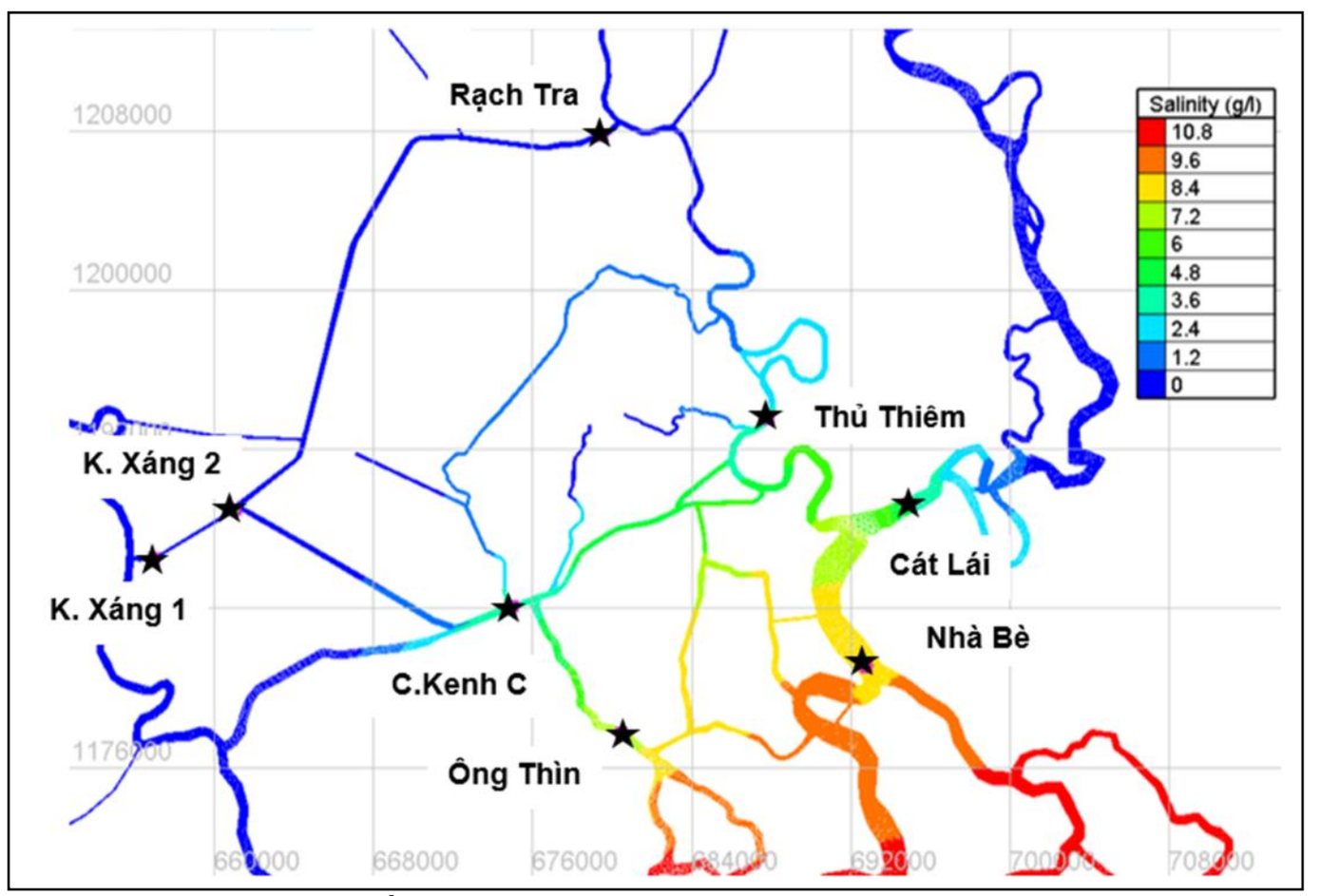Bản đồ dự báo độ mặn lúc 7h, ngày 16/2/2025 trên các sông rạch TPHCM. Nguồn: Đài Khí tượng Thủy văn khu vực Nam Bộ