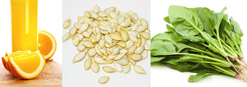 Nước cam, hạt bí đỏ, rau bina... góp phần phục hồi cơ bắp sau khi tập thể thao