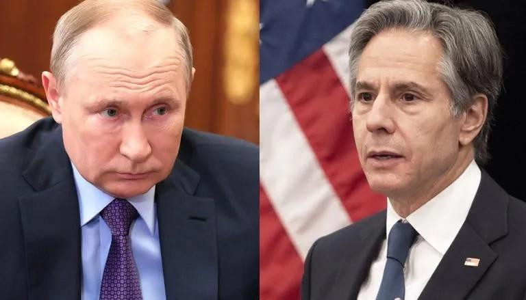 Tổng thống Nga Vladimir Putin (trái) và Ngoại trưởng Mỹ Antony Blinken (phải). Ảnh: RT