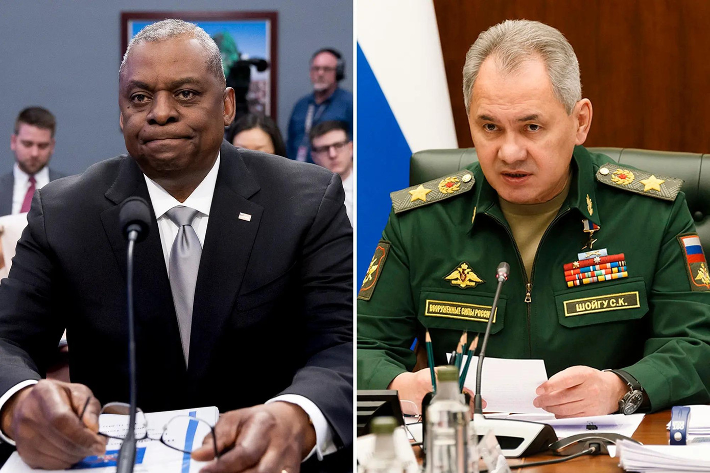 Bộ trưởng Quốc phòng Mỹ Lloyd Austin (trái) và Bộ trưởng Quốc phòng Nga Sergei Shoigu (phải). Ảnh: NY Post