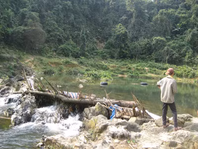 Lâm tặc đắp đập, chờ nước lên chuyển gỗ Ảnh: N.P.C