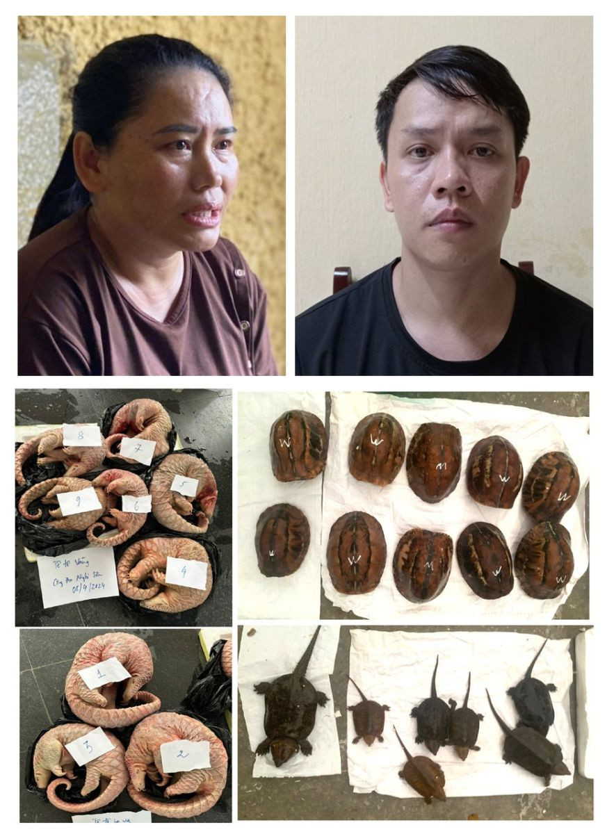 Hai đối tượng và tang vật vụ việc. Ảnh do Công an Thanh Hóa cung cấp Hai đối tượng và tang vật vụ việc. Ảnh do Công an Thanh Hóa cung cấp