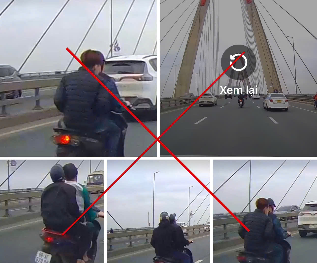 Hình ảnh nhóm thanh niên đi xe máy lạng lách, đánh võng trên cầu Nhật Tân.