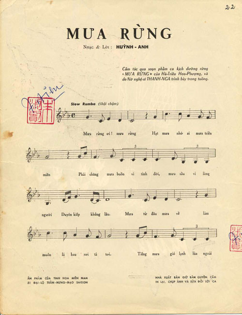  Ca khúc Mưa rừng viết cho giọng hát Thanh Nga trong vở diễn cùng tên của Hà Triều - Hoa Phượng - Ảnh: Tư liệu