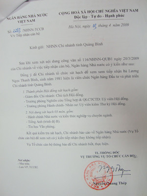 Văn bản của NHNN Việt Nam gửi chi nhánh Quảng Bình 