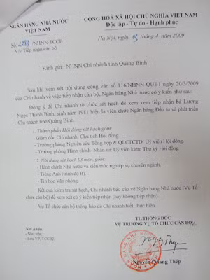 Văn bản của NHNN Việt Nam gửi chi nhánh Quảng Bình 