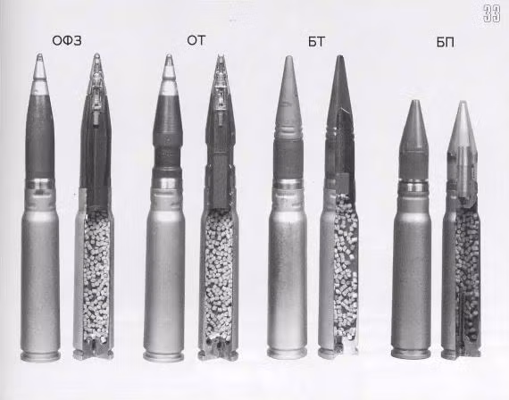 Các chủng đạn cho pháo tự động 2A72 30mm. Từ trái sang phải đạn nổ mảnh gây cháy( осколочно-фугасны зажигательны), đạn nổ vạch đường( осколочно-трассирующий), đạn vạch đường xuyên giáp( бронебойны трассирующий) và đạn thanh xuyên dưới cỡ (бронебойны подкалиберны снаряд) 