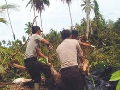 Cảnh sát Indonesia đang chuyển thi thể nạn nhân sóng thần ở làng Muntei Baru Baru trên đảo Mentawai