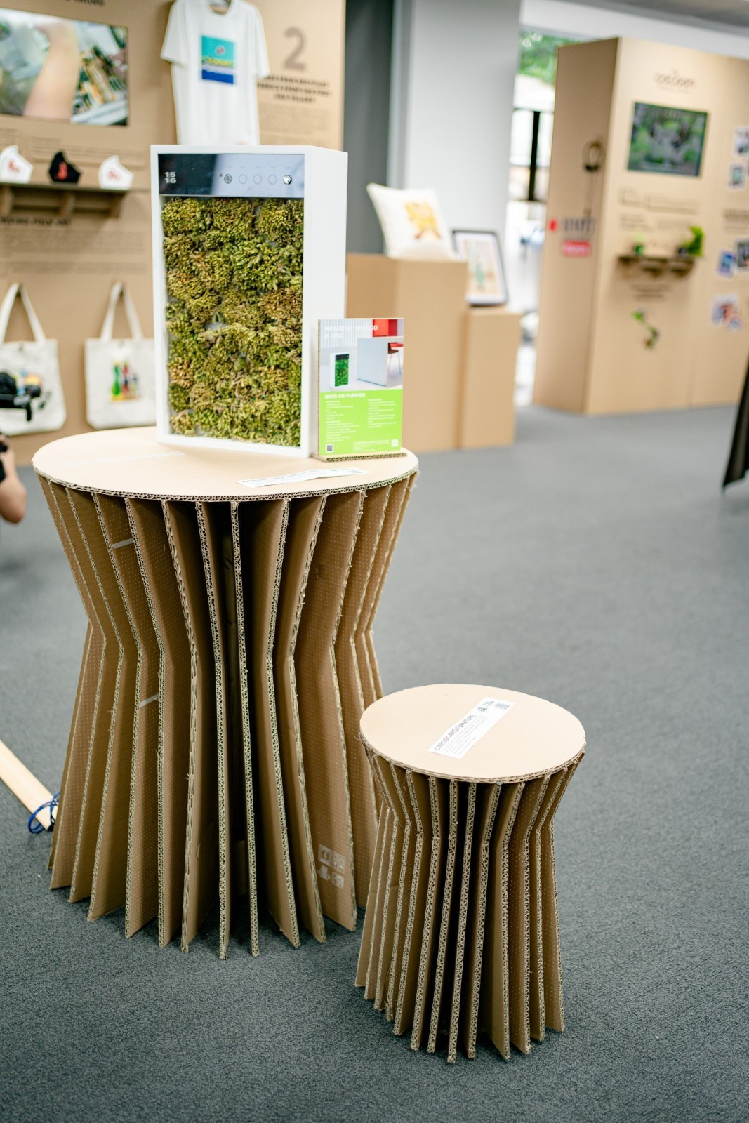 Bộ bàn ghế làm từ carton tái chế từ thùng đựng thiết bị điện tử. Sản phẩm có khả năng chịu tải lên đến 65kg và được lắp ghép bởi anh Lê Vũ Cường, cựu sinh viên RMIT và là Nhà sáng lập công ty Công nghệ Năng lượng Xanh 1516.