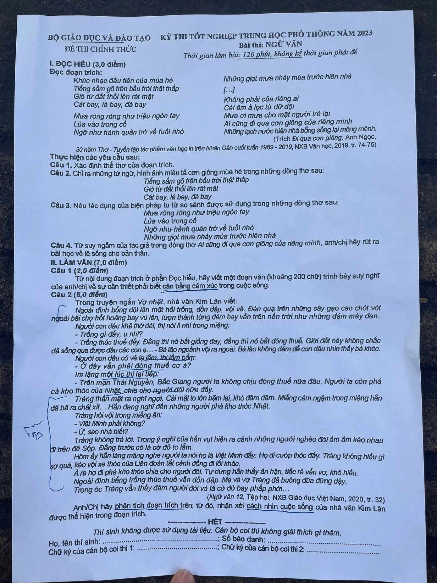 Đề thi tốt nghiệp THPT môn Ngữ văn năm 2023. Đề thi tốt nghiệp THPT môn Ngữ văn năm 2023.