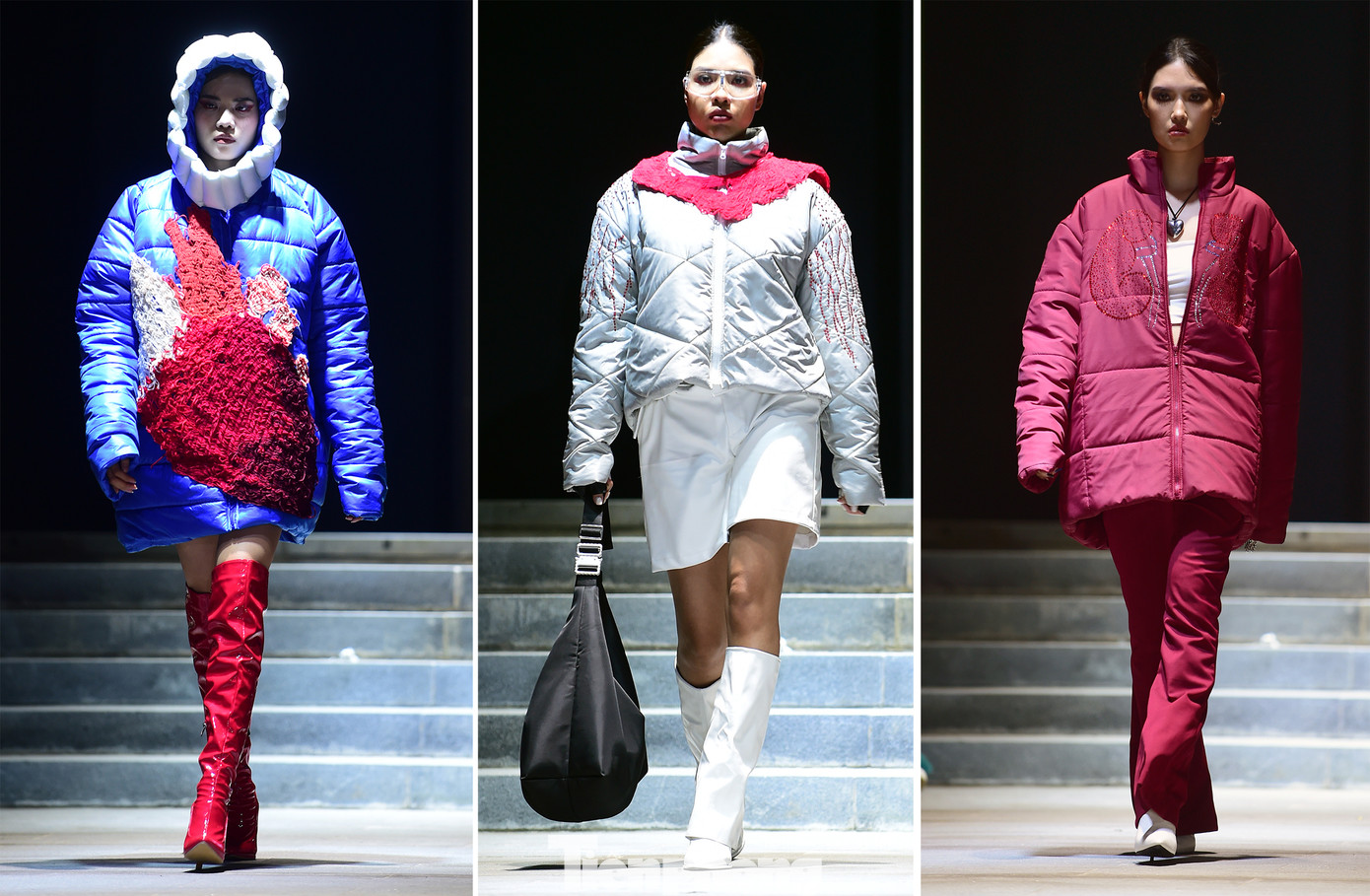 Giao thoa giữa hiện tại và quá khứ được thể hiện qua những bộ sưu tập tôn trọng giá trị văn hoá và di sản như những thiết kế lấy cảm hứng từ người phụ nữ Việt thời chiến với khăn rằn, dép thủ công; cảm hứng từ thơ Hồ Xuân Hương. Ảnh: Xuân Tùng