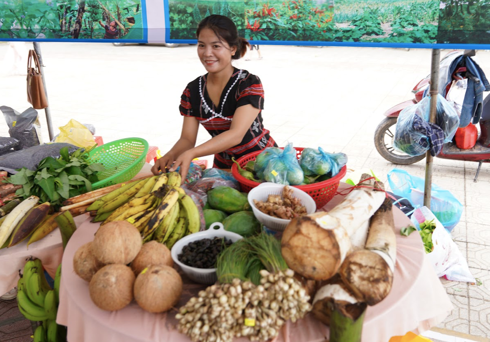 Một gian hàng nông sản của phụ nữ huyện Đakrông (Ảnh: Plan)
