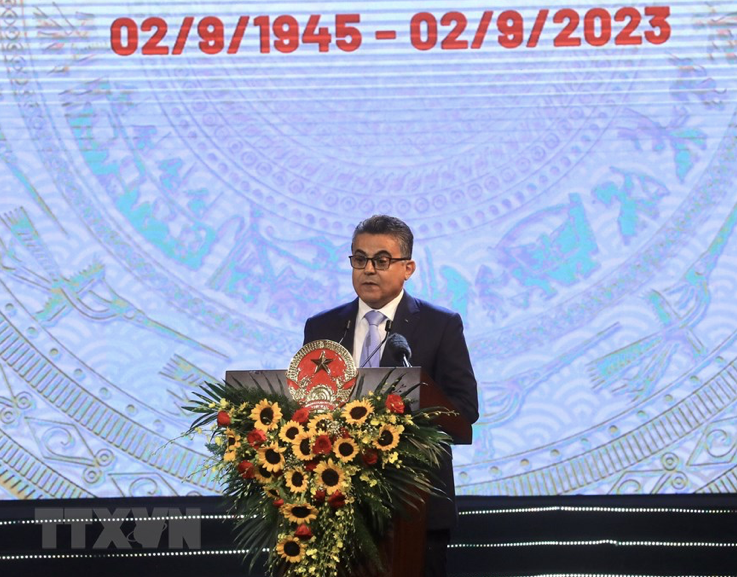 Đại sứ Palestine Saadi Salama phát biểu tại buổi lễ. (Ảnh: TTXVN)