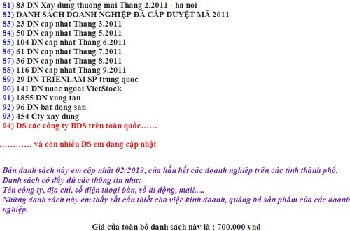 Một đoạn trong thư mời mua thông tin sếp và khách hàng của hơn 500.000 doanh nghiệp trên cả nước