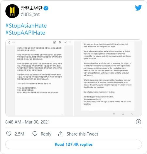 Bài đăng kêu gọi chống nạn phân biệt chủng tộc của BTS được chia sẻ nhiều nhất trên Twitter trong năm 2021. Bài đăng kêu gọi chống nạn phân biệt chủng tộc của BTS được chia sẻ nhiều nhất trên Twitter trong năm 2021.