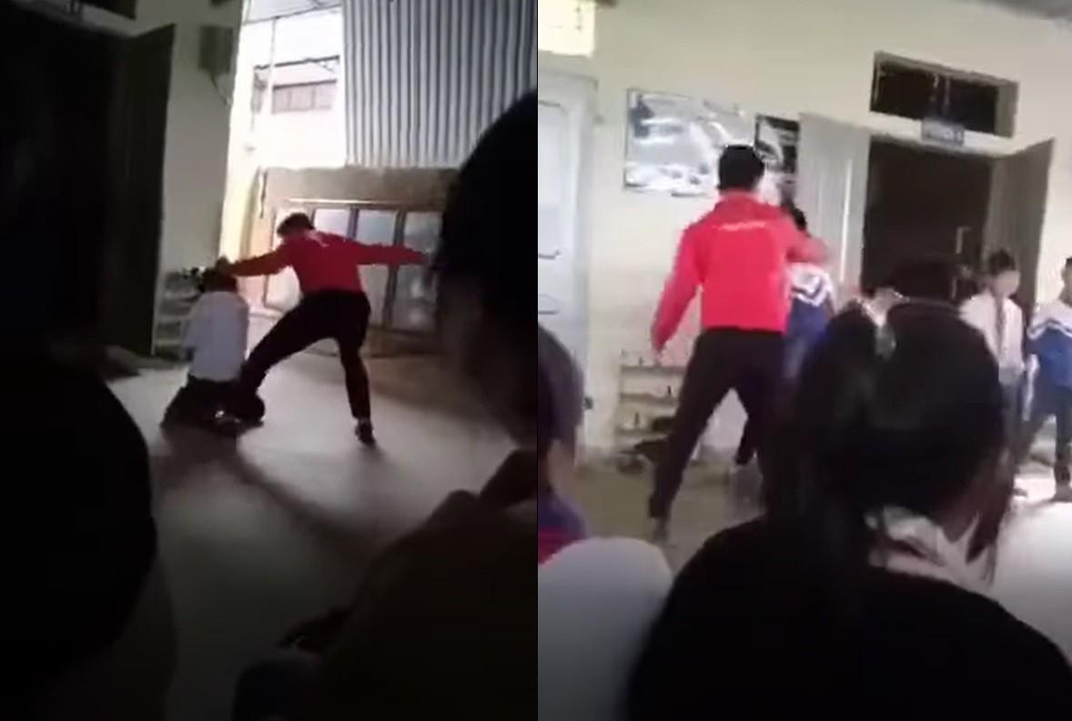 Trong clip xuất hiện trên mạng xã hội, thầy giáo bạo hành nhiều nam sinh. Ảnh cắt từ clip, nguồn: H.N.